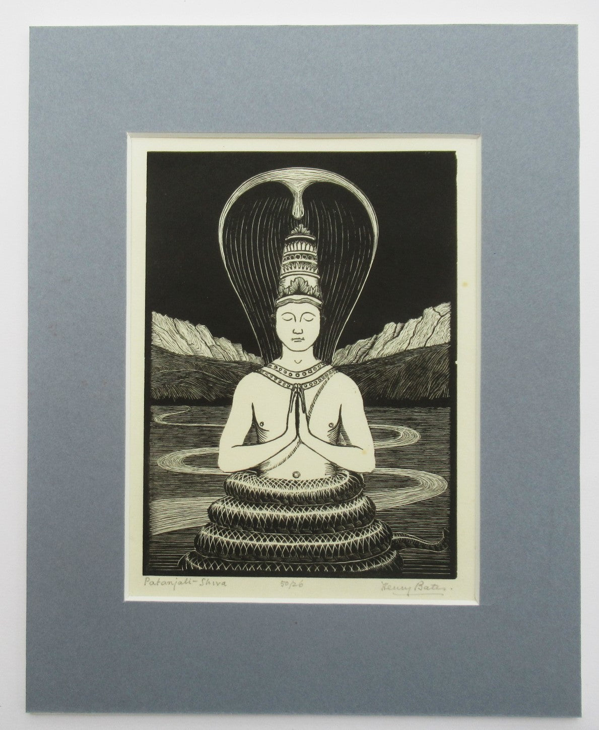 Henry Edward Bates original wood engraving print, Patanjali-Shiva, c1935, 26/50