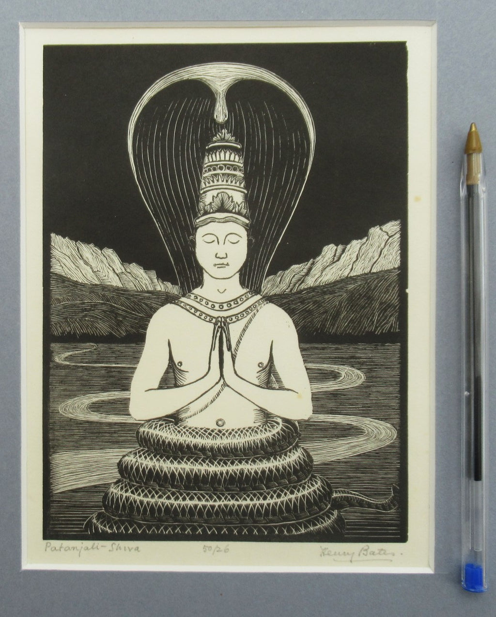 Henry Edward Bates original wood engraving print, Patanjali-Shiva, c1935, 26/50