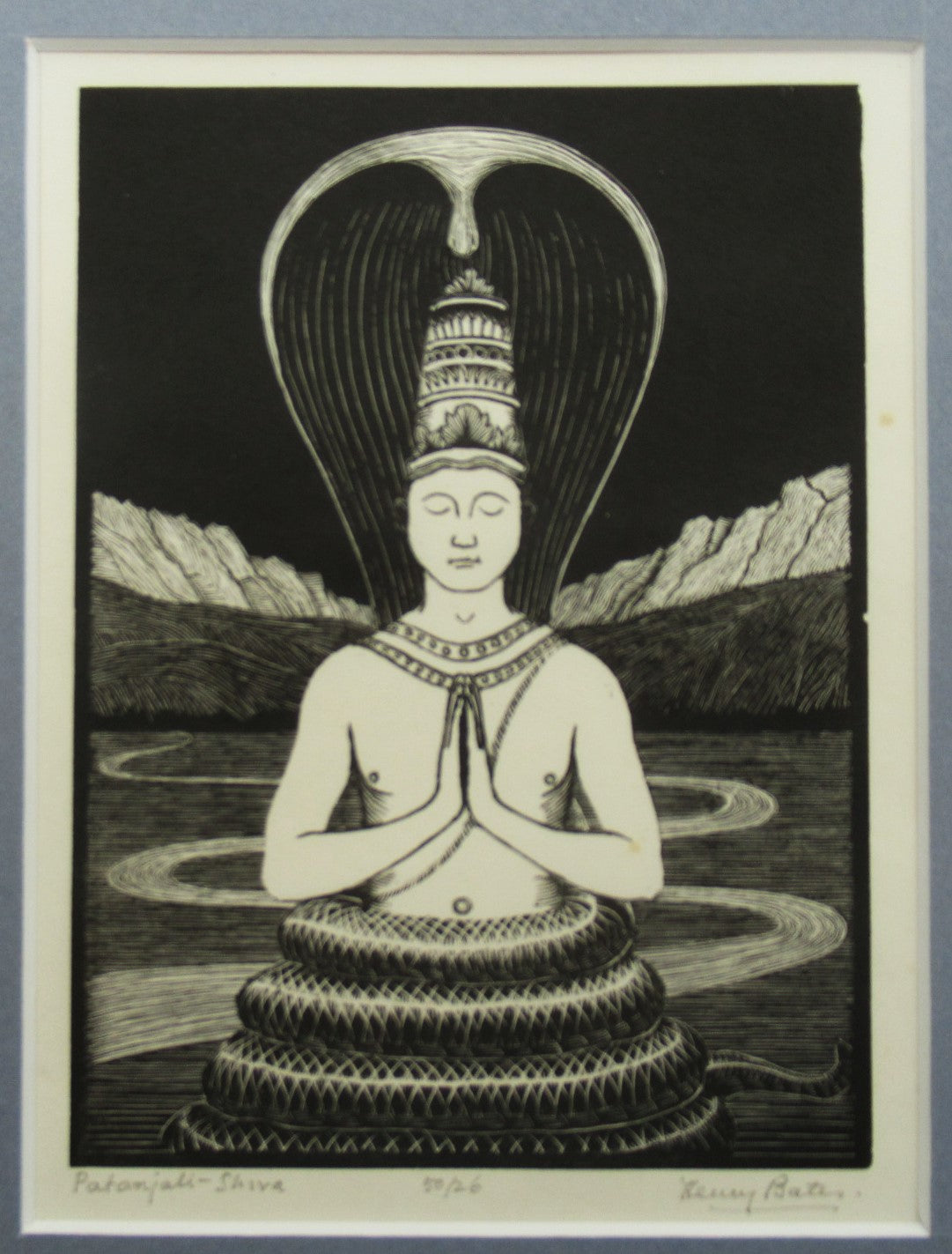 Henry Edward Bates original wood engraving print, Patanjali-Shiva, c1935, 26/50