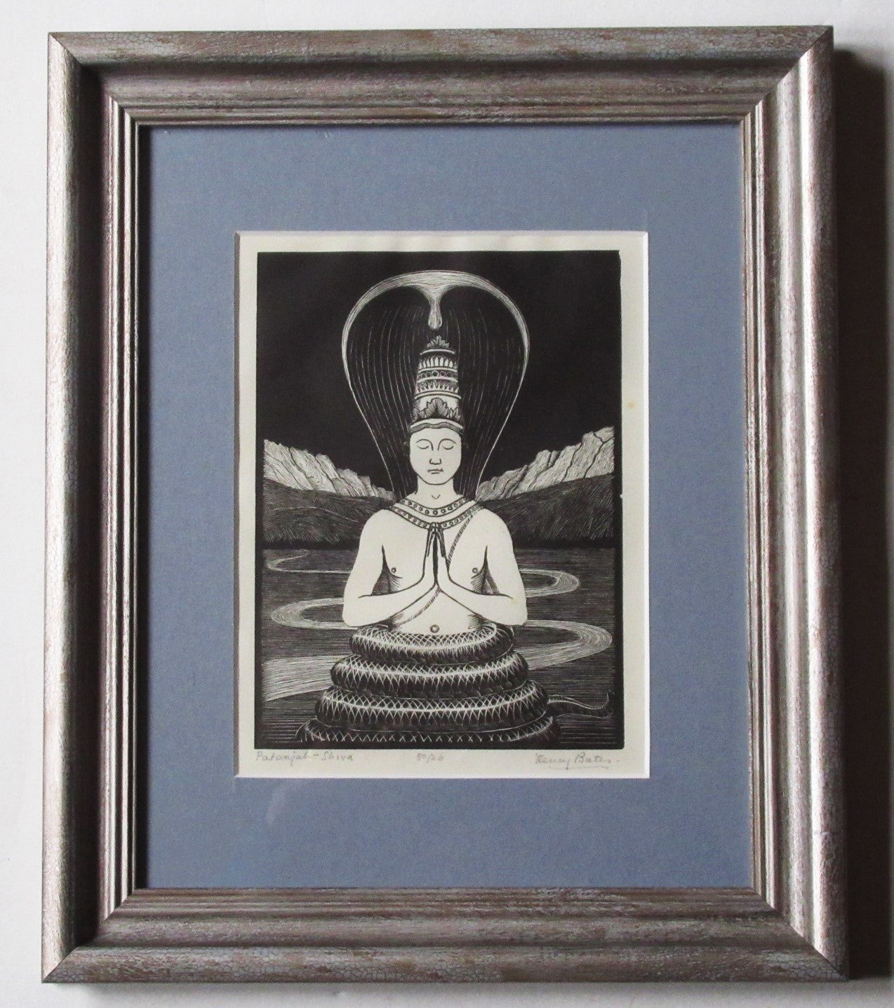 Henry Edward Bates original wood engraving print, Patanjali-Shiva, c1935, 26/50