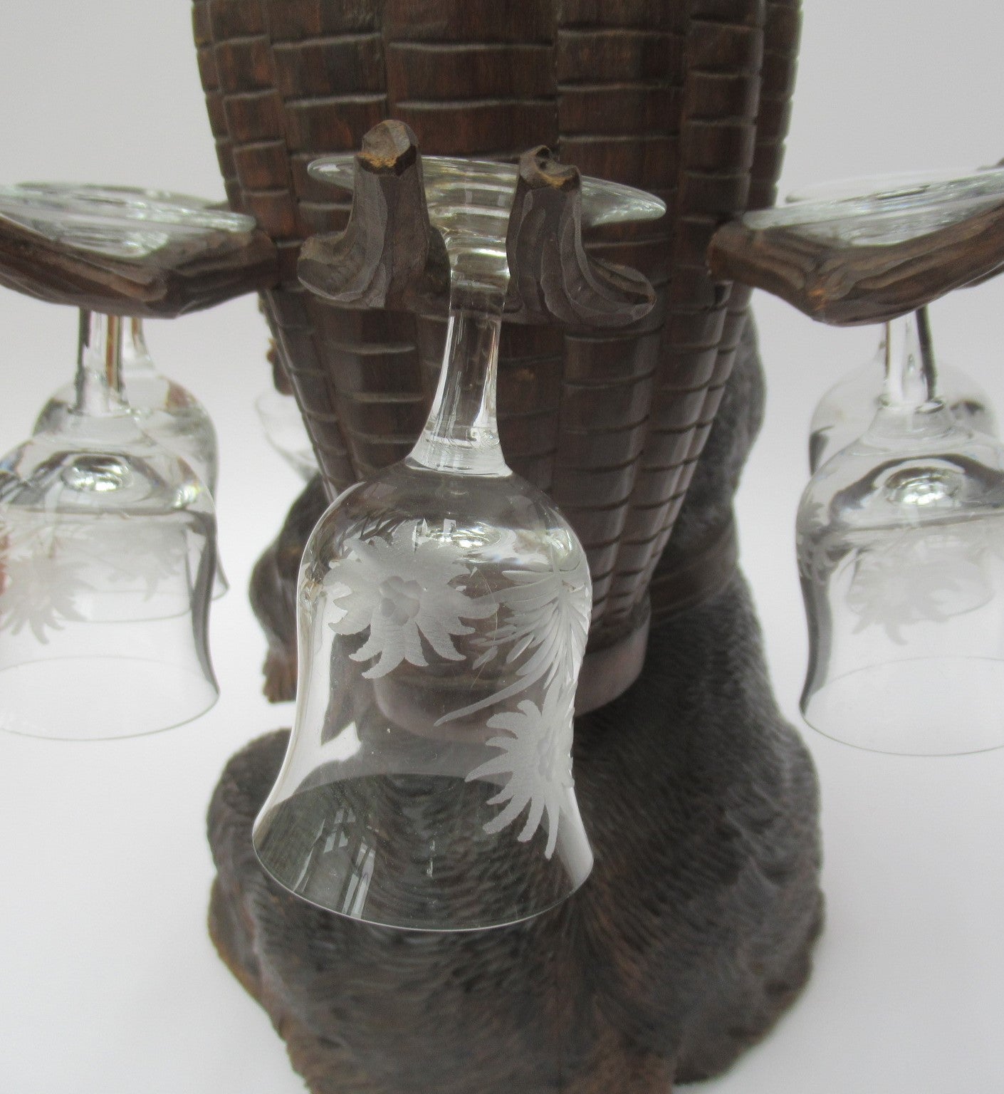 Antique Black Forest Swiss carved limewood bear liqueur set c1900