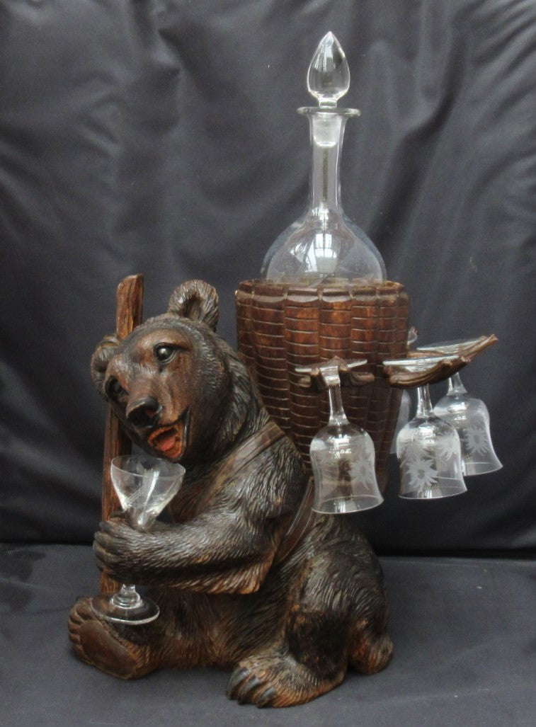 Antique Black Forest Swiss carved limewood bear liqueur set c1900