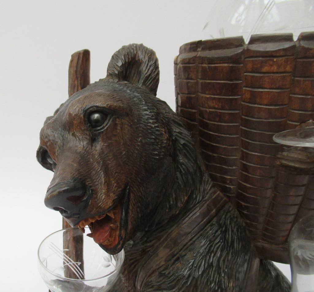 Antique Black Forest Swiss carved limewood bear liqueur set c1900