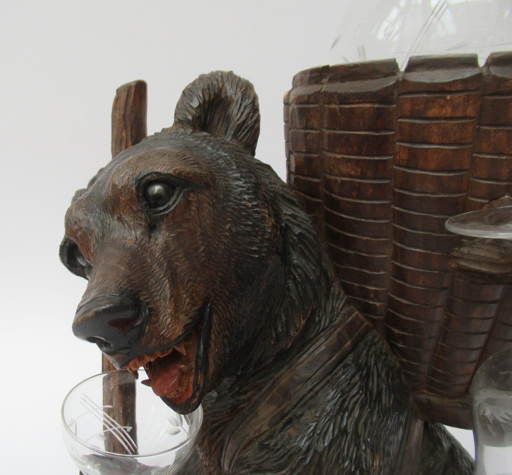 Antique Black Forest Swiss carved limewood bear liqueur set c1900