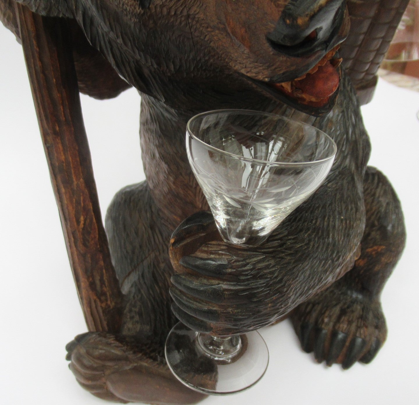 Antique Black Forest Swiss carved limewood bear liqueur set c1900