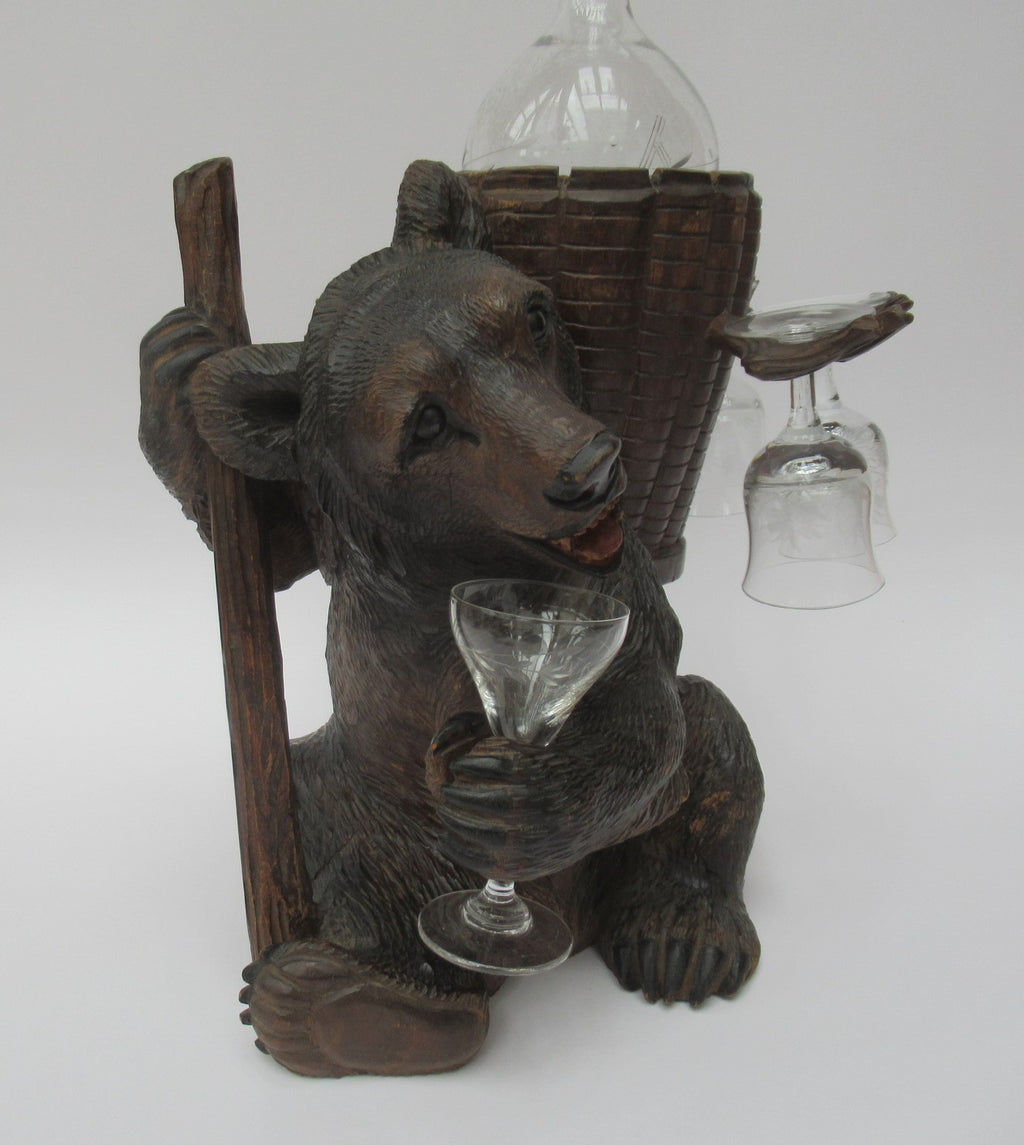 Antique Black Forest Swiss carved limewood bear liqueur set c1900