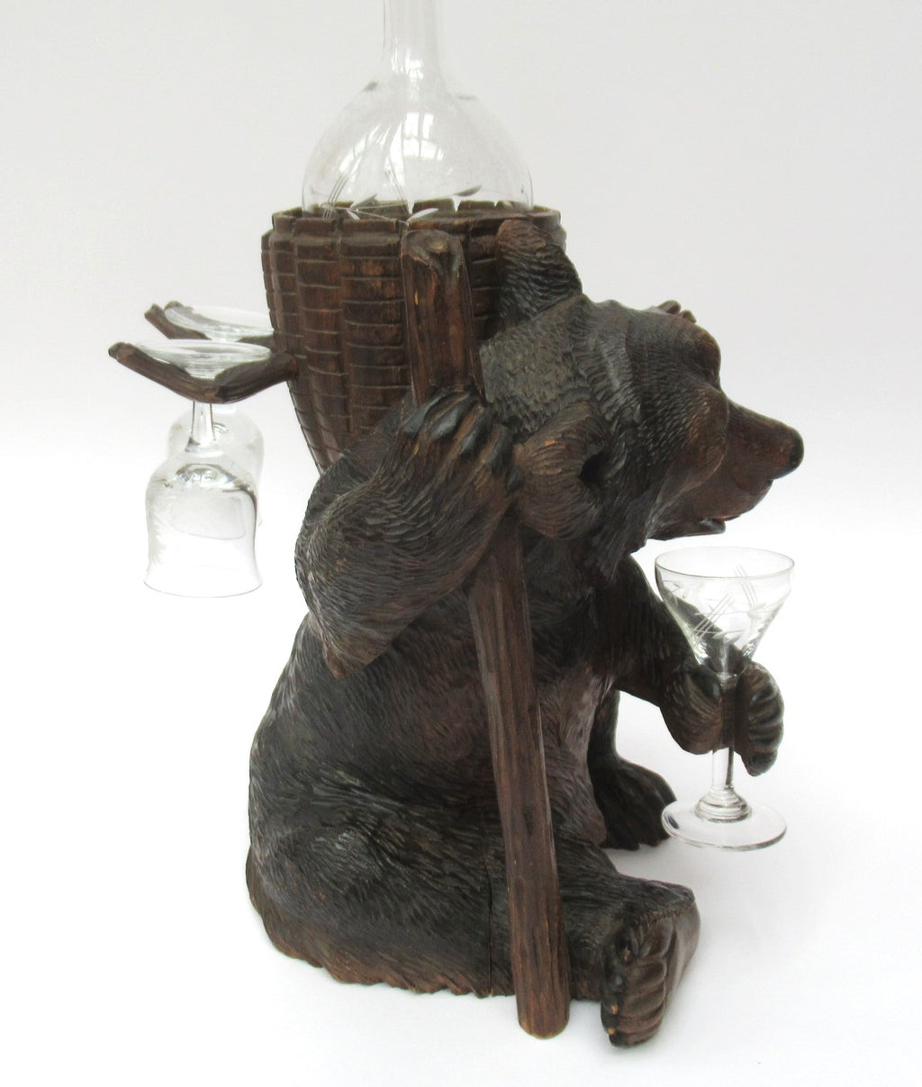 Antique Black Forest Swiss carved limewood bear liqueur set c1900
