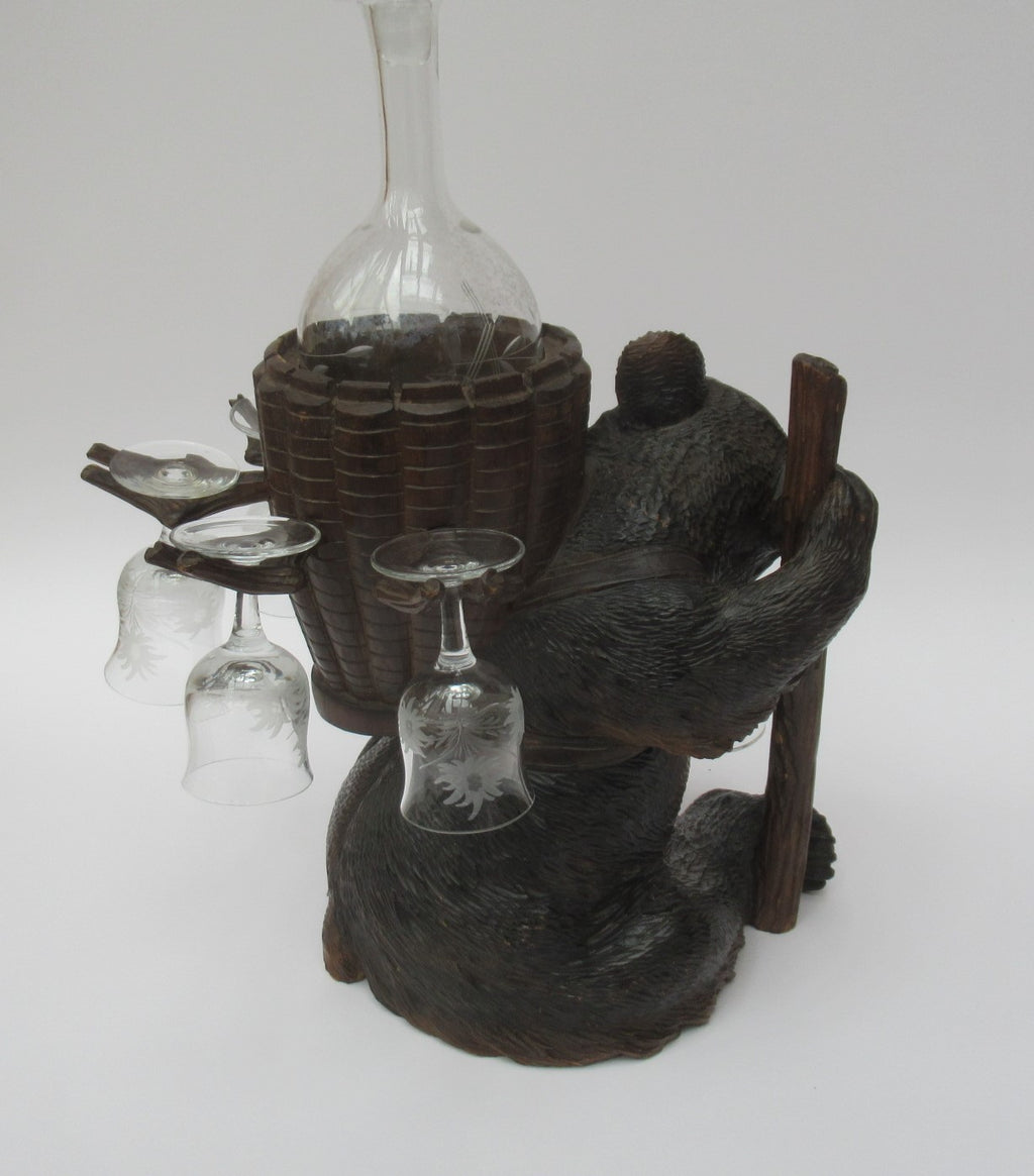 Antique Black Forest Swiss carved limewood bear liqueur set c1900