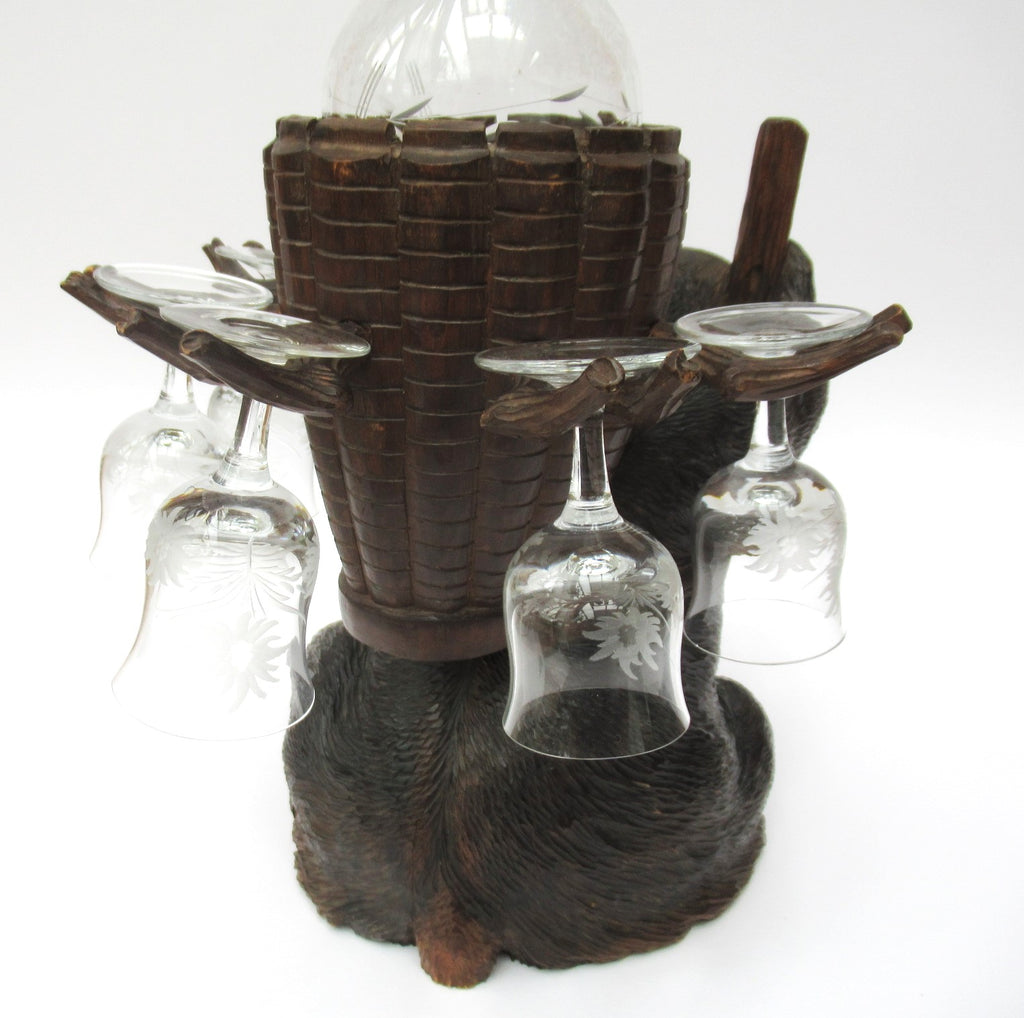 Antique Black Forest Swiss carved limewood bear liqueur set c1900