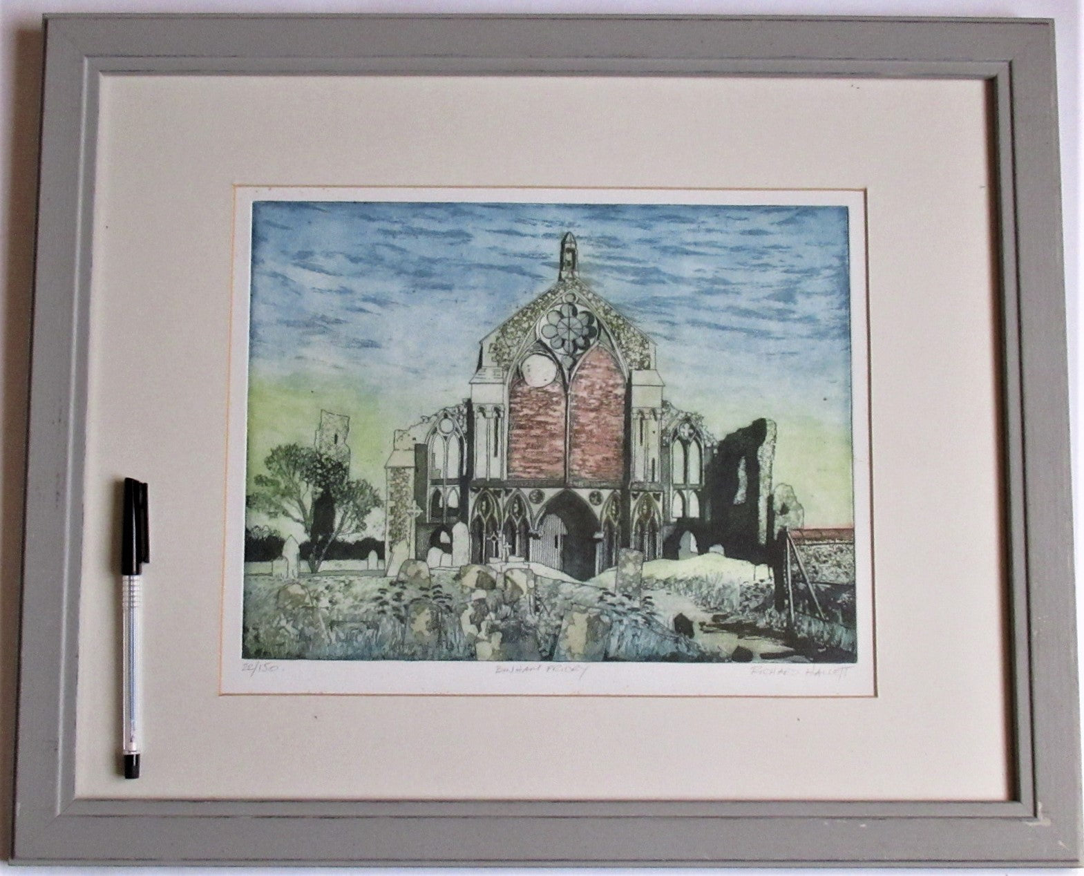 Richard Hallett, Binham Priory Norfolk, etching and aquatint, 22/150, framed