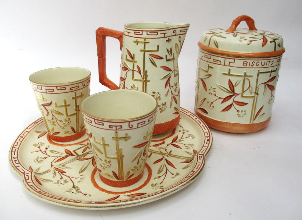 Brownhills Pottery antique Aesthetic Period orangeade set, jug/tray/beakers 1882