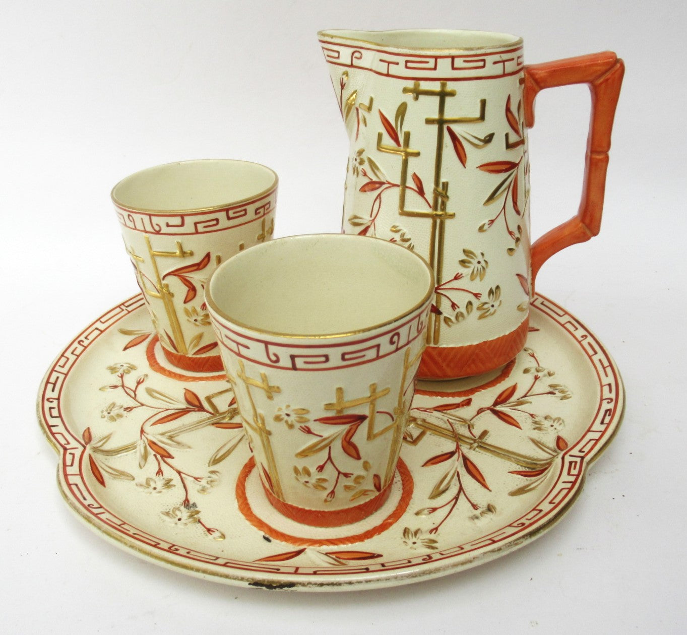 Brownhills Pottery antique Aesthetic Period orangeade set, jug/tray/beakers 1882