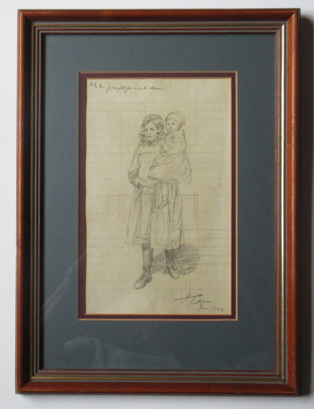 Florence Camm, original 1923 pencil drawing for National Childrens' Home, framed