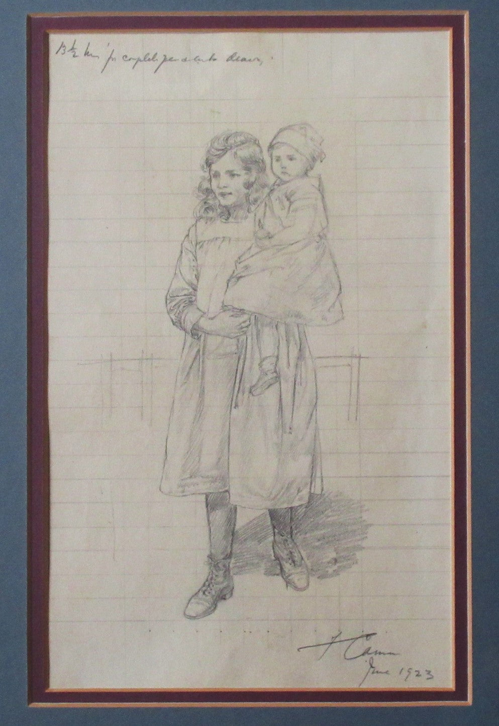 Florence Camm, original 1923 pencil drawing for National Childrens' Home, framed