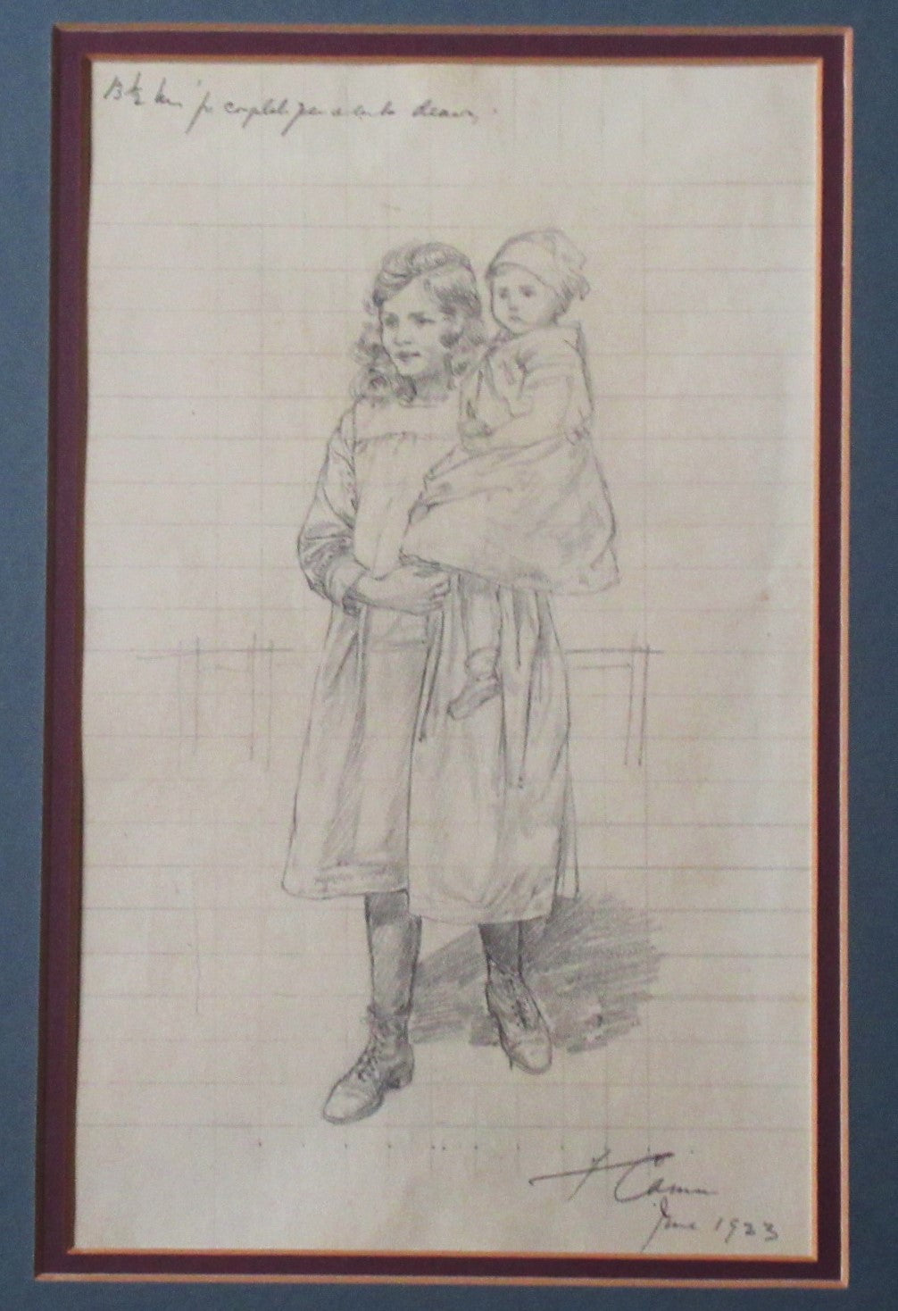 Florence Camm, original 1923 pencil drawing for National Childrens' Home, framed