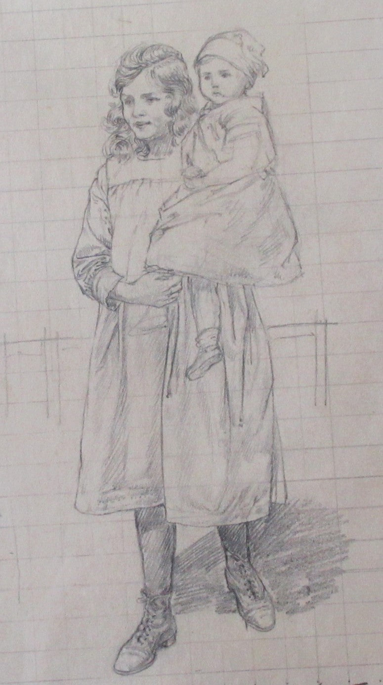 Florence Camm, original 1923 pencil drawing for National Childrens' Home, framed