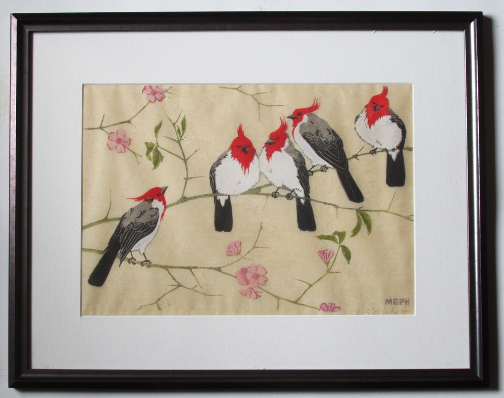 Martin Erich Philipp, original colour woodcut print, Cardinals, c1935, framed