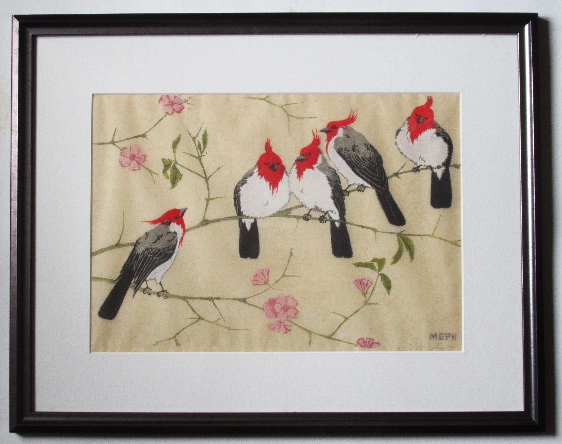 Martin Erich Philipp, original colour woodcut print, Cardinals, c1935, framed