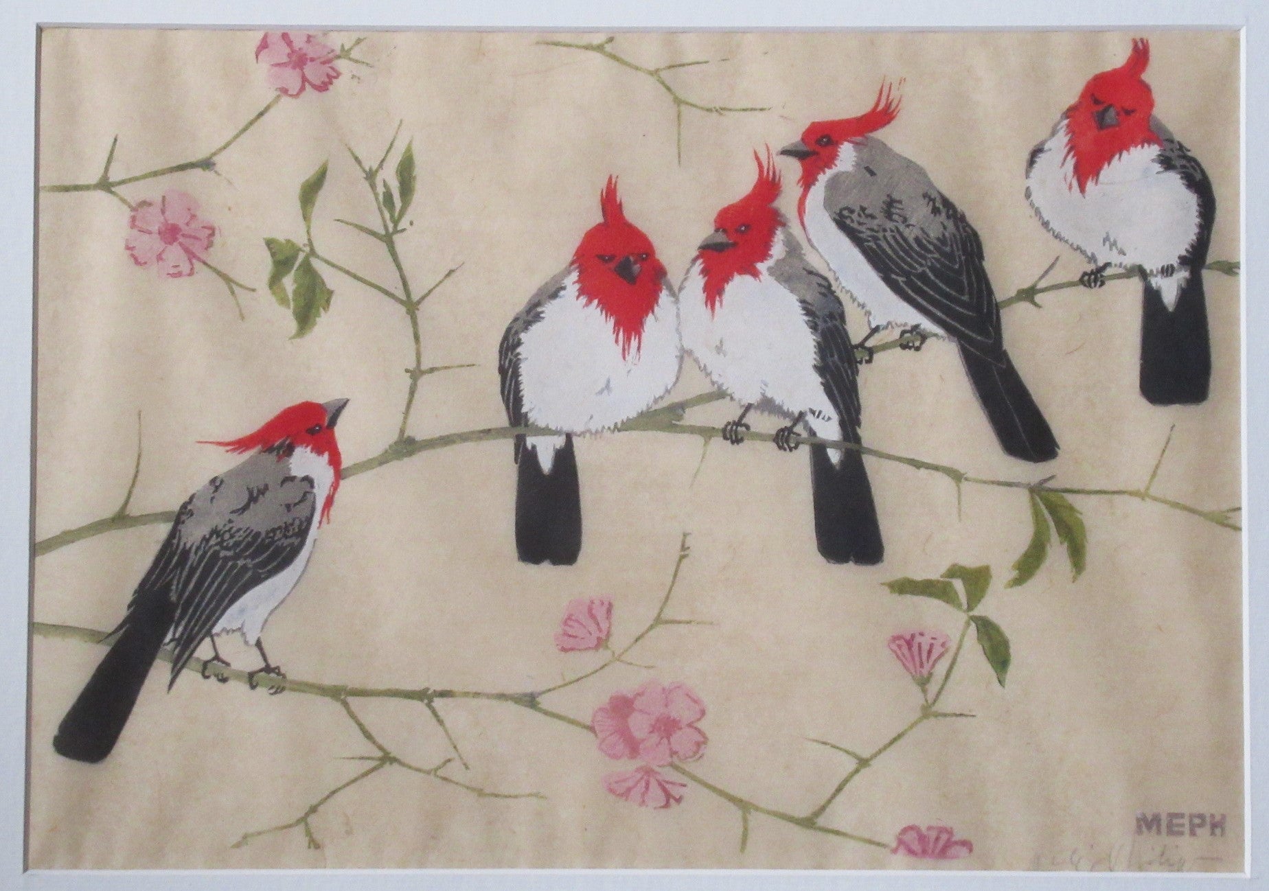 Martin Erich Philipp, original colour woodcut print, Cardinals, c1935, framed