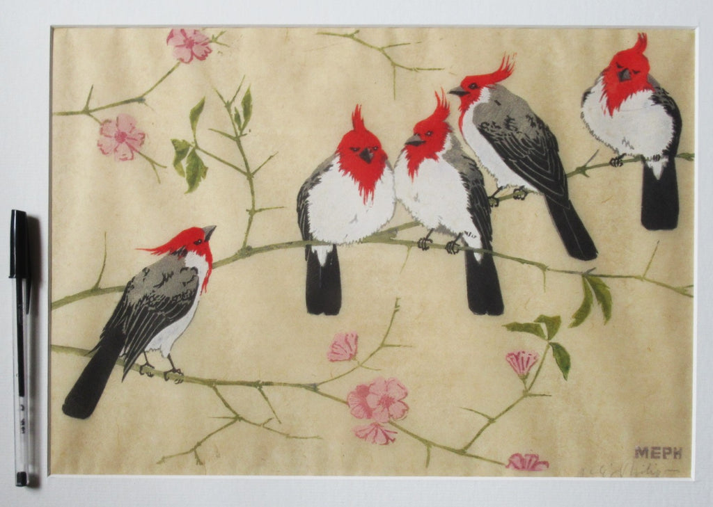 Martin Erich Philipp, original colour woodcut print, Cardinals, c1935, framed