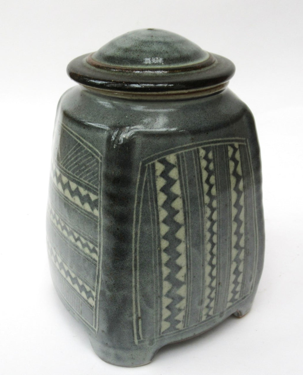 Chris Lewis, British studio pottery Aztec pattern stoneware jar and cover, c1990