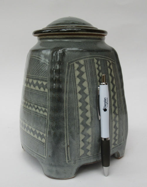 Chris Lewis, British studio pottery Aztec pattern stoneware jar and cover, c1990