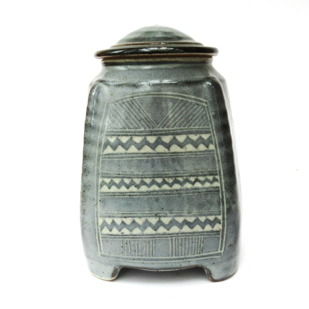 Chris Lewis, British studio pottery Aztec pattern stoneware jar and cover, c1990