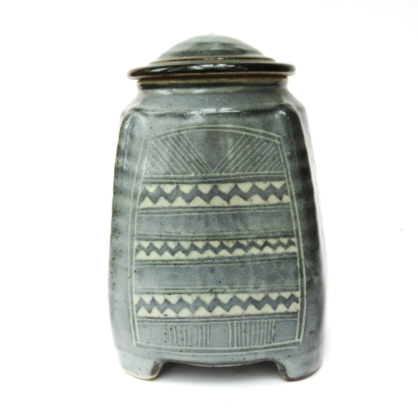 Chris Lewis, British studio pottery Aztec pattern stoneware jar and cover, c1990