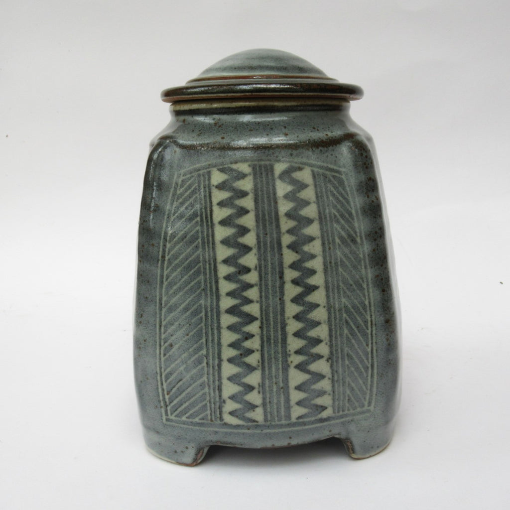 Chris Lewis, British studio pottery Aztec pattern stoneware jar and cover, c1990