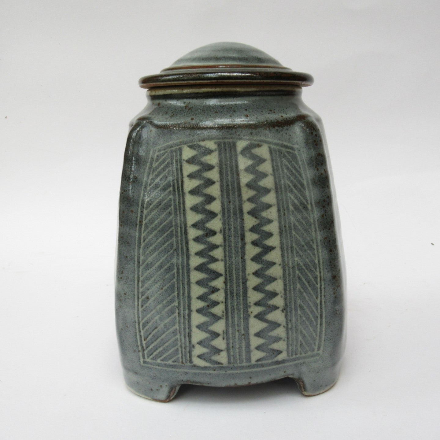 Chris Lewis, British studio pottery Aztec pattern stoneware jar and cover, c1990