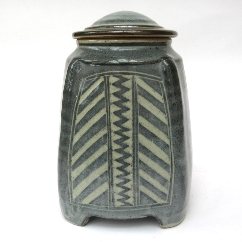 Chris Lewis, British studio pottery Aztec pattern stoneware jar and cover, c1990