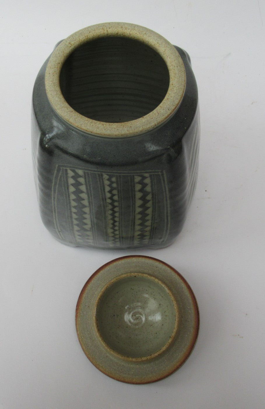 Chris Lewis, British studio pottery Aztec pattern stoneware jar and cover, c1990