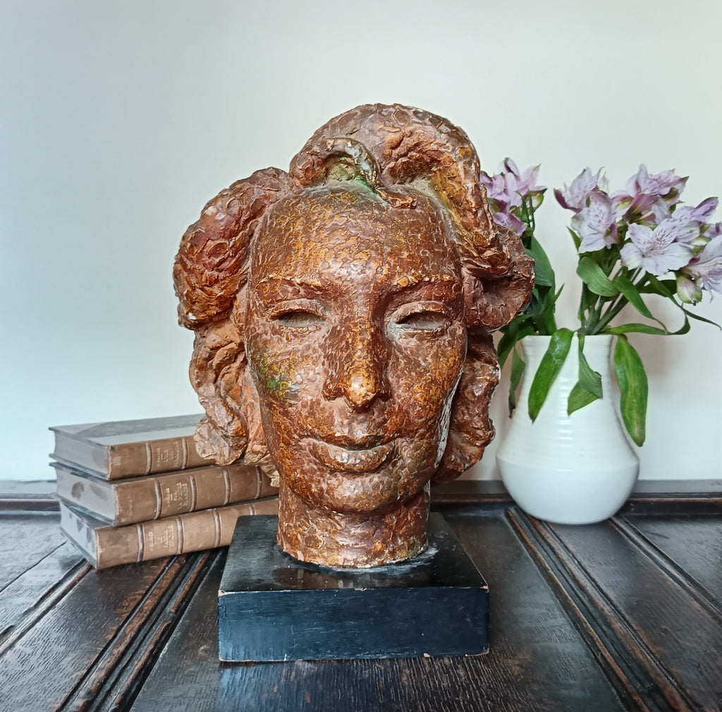 Valerie Clarebout RA, head of woman, patinated plaster, mid 20th century