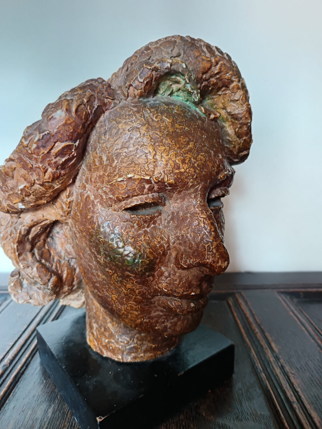 Valerie Clarebout RA, head of woman, patinated plaster, mid 20th century