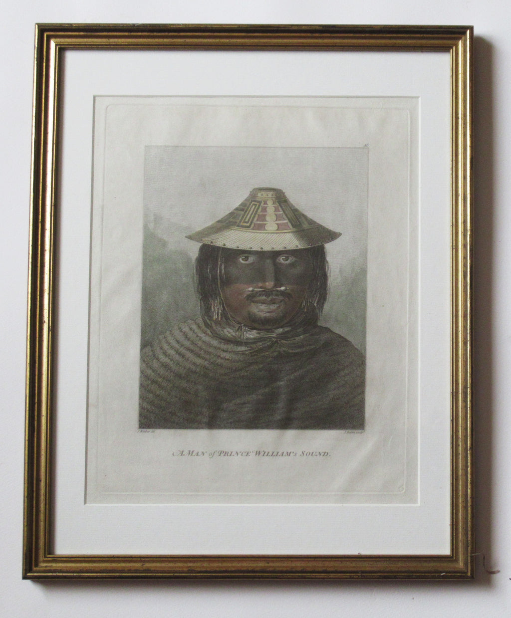 Original antique 1784 print, a Man of Prince William Sound, Alaska, framed