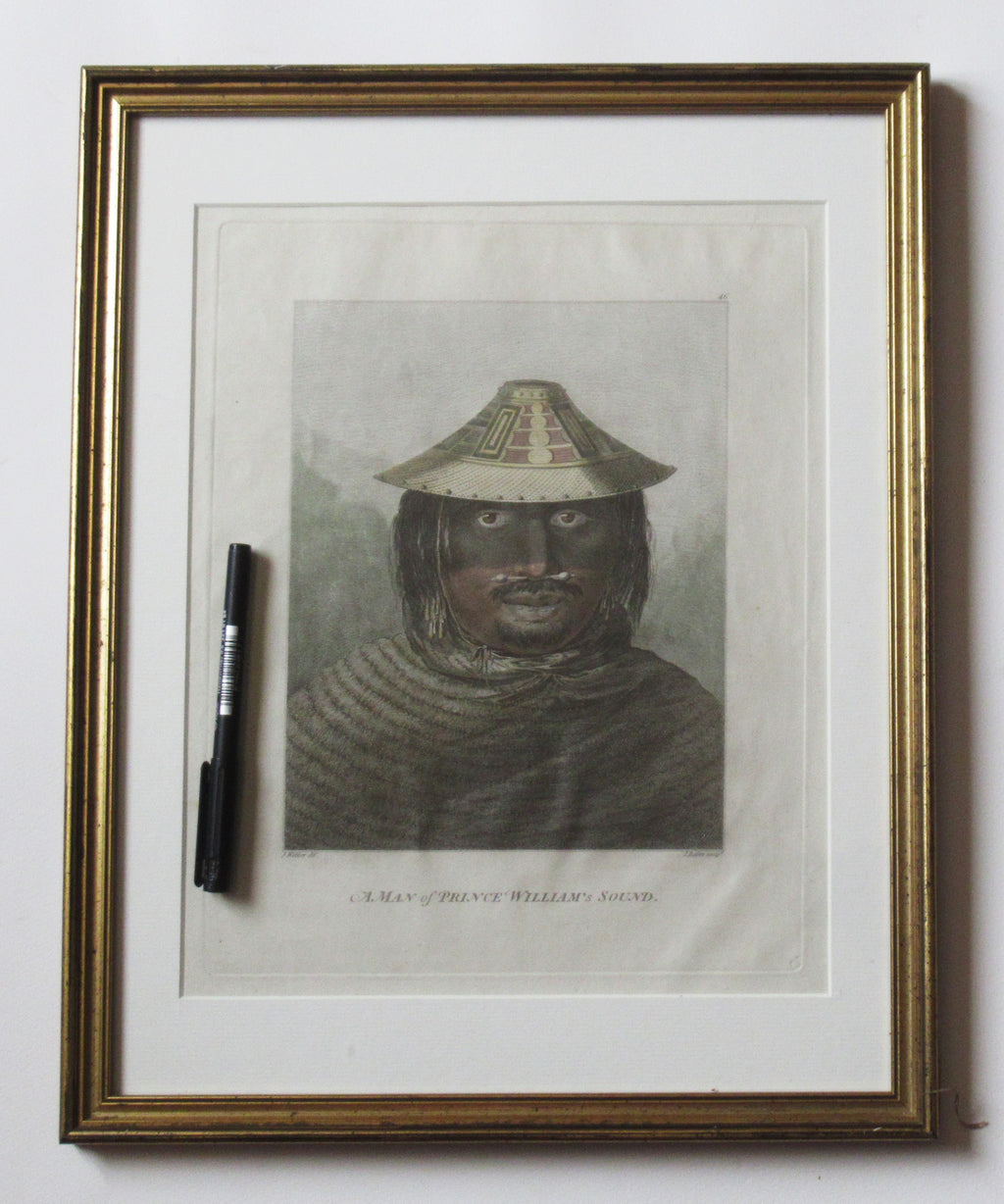 Original antique 1784 print, a Man of Prince William Sound, Alaska, framed