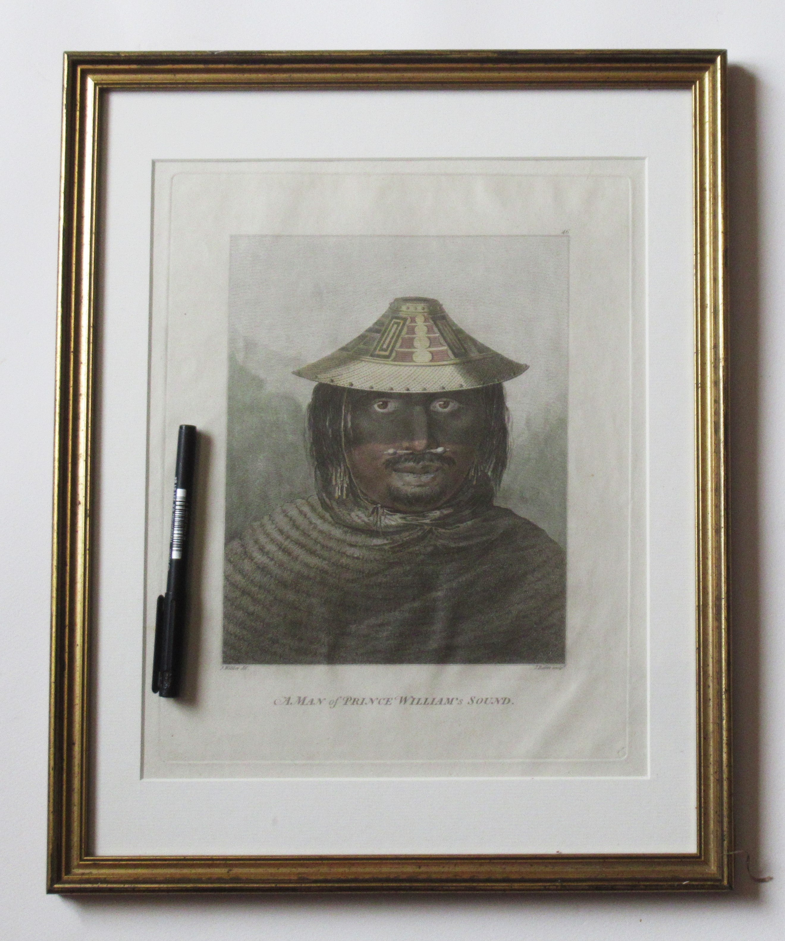 Original antique 1784 print, a Man of Prince William Sound, Alaska, framed