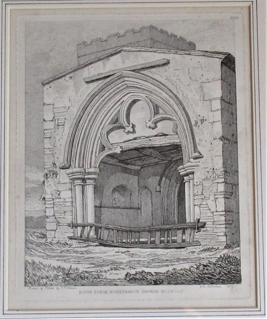 John Sell Cotman, Church Porch Hunstanton Norfolk, 1817 antique etching, framed