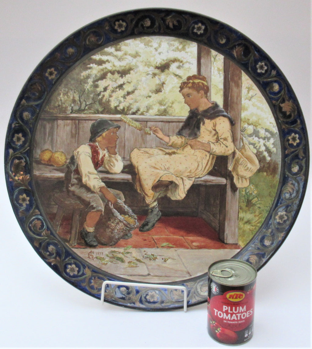 Large Arts and Crafts charger painted in 1877 by Catherine Sparkes, possibly for Doulton