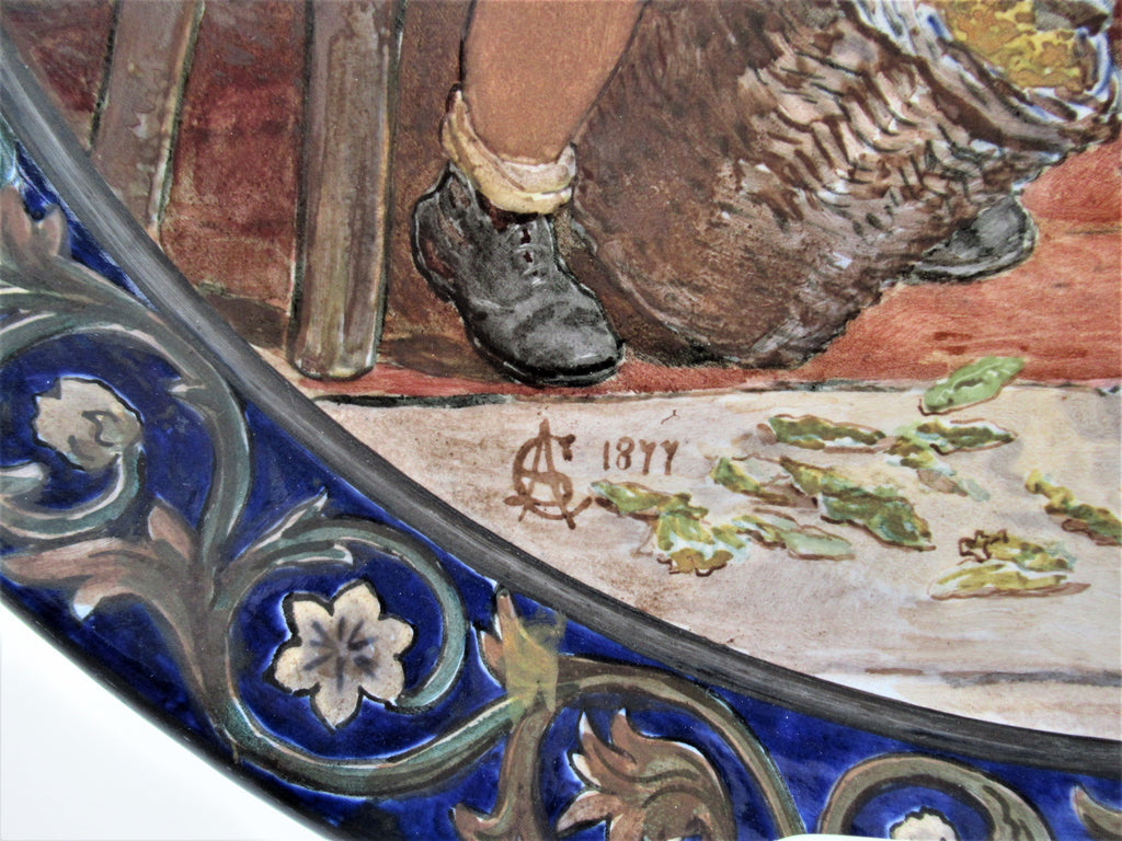 Large Arts and Crafts charger painted in 1877 by Catherine Sparkes, possibly for Doulton
