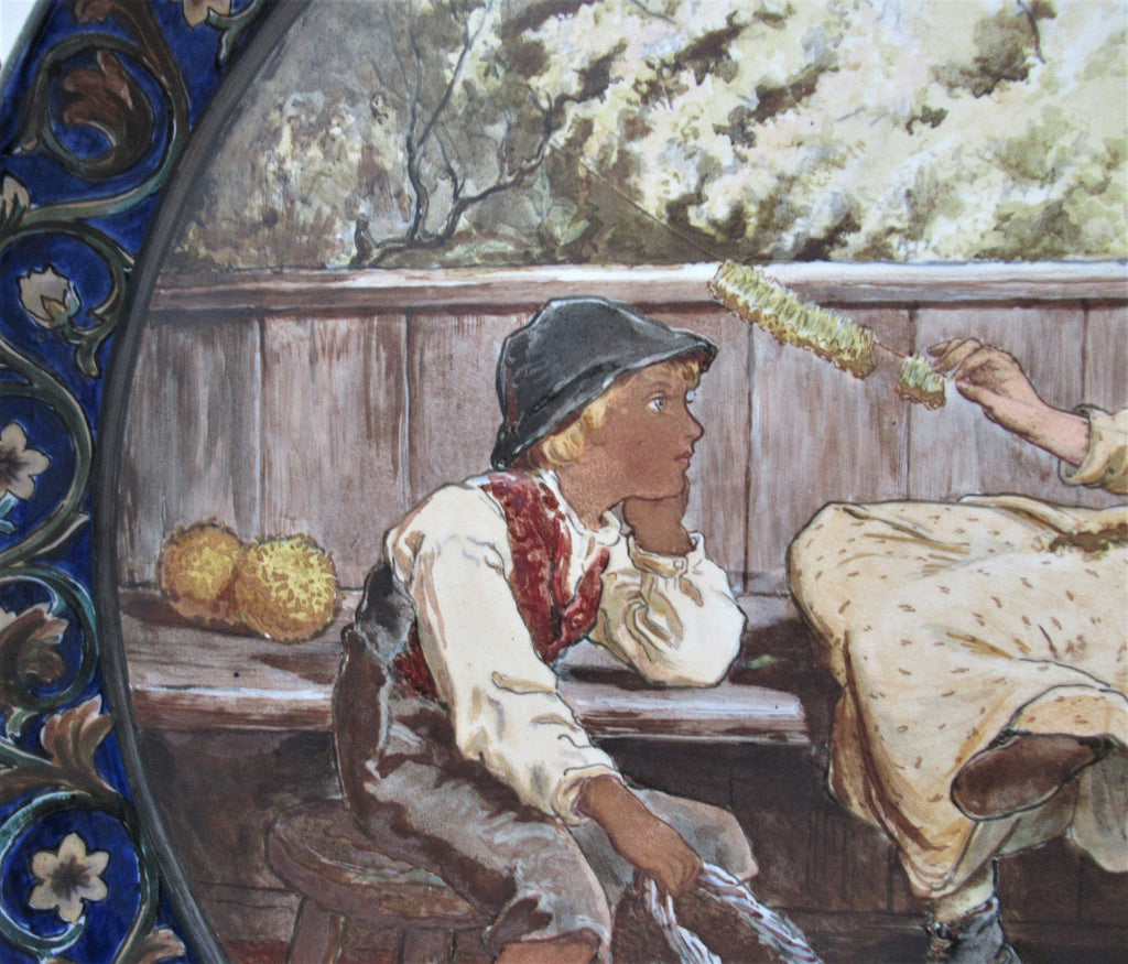 Large Arts and Crafts charger painted in 1877 by Catherine Sparkes, possibly for Doulton