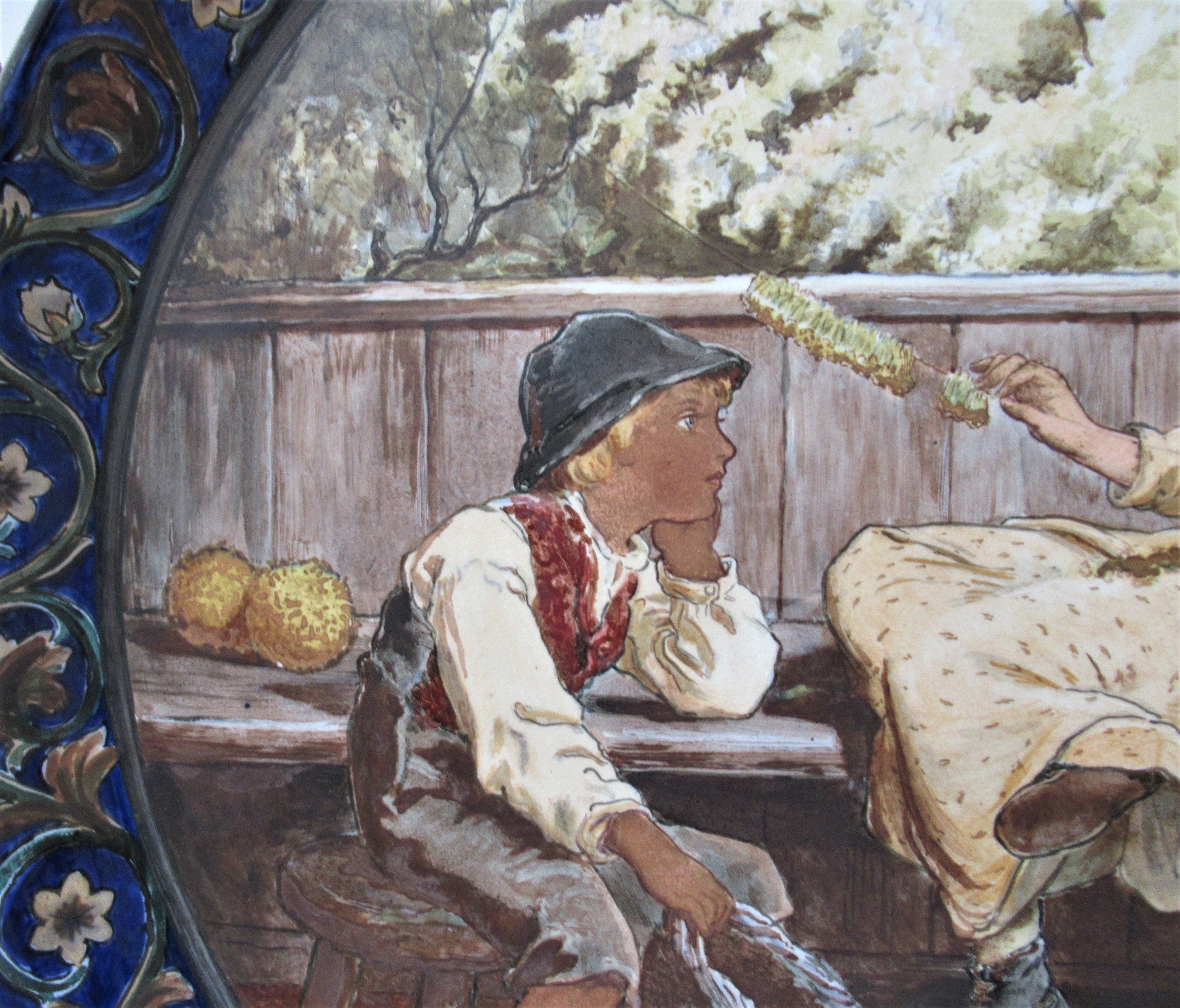 Large Arts and Crafts charger painted in 1877 by Catherine Sparkes, possibly for Doulton