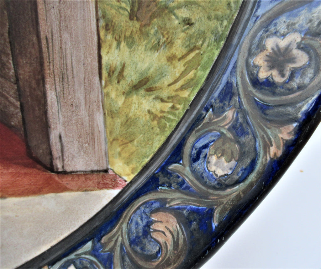 Large Arts and Crafts charger painted in 1877 by Catherine Sparkes, possibly for Doulton
