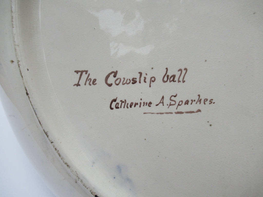 Large Arts and Crafts charger painted in 1877 by Catherine Sparkes, possibly for Doulton
