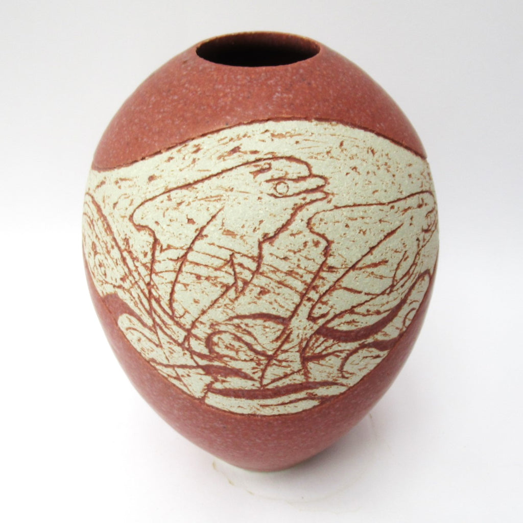 Louise Darby, British studio pottery stoneware vase, dolphin design, c2010