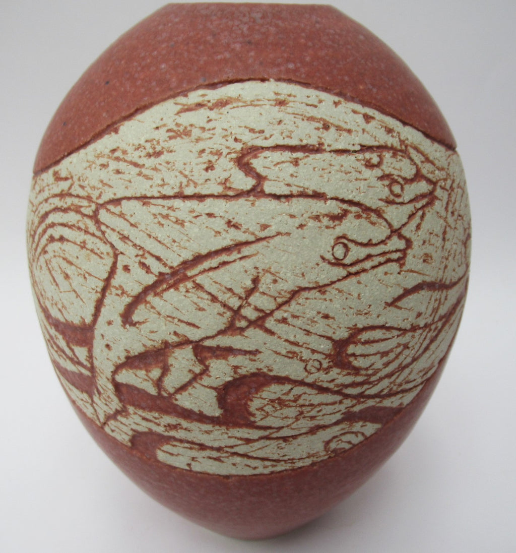 Louise Darby, British studio pottery stoneware vase, dolphin design, c2010