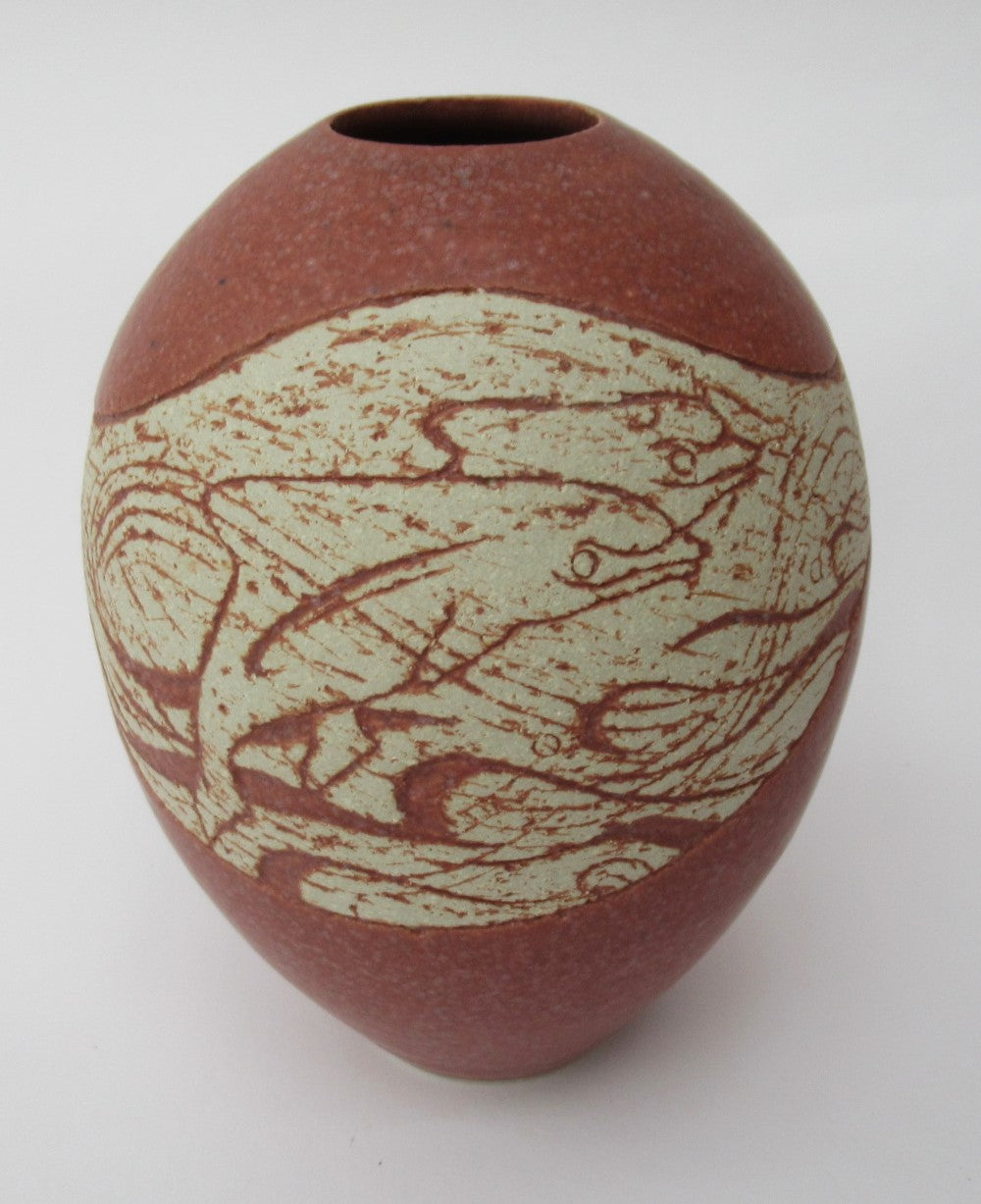 Louise Darby, British studio pottery stoneware vase, dolphin design, c2010