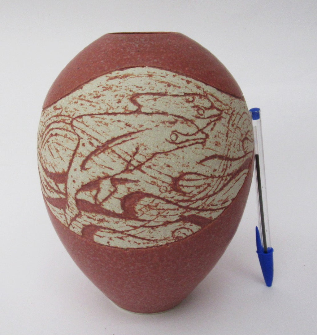 Louise Darby, British studio pottery stoneware vase, dolphin design, c2010
