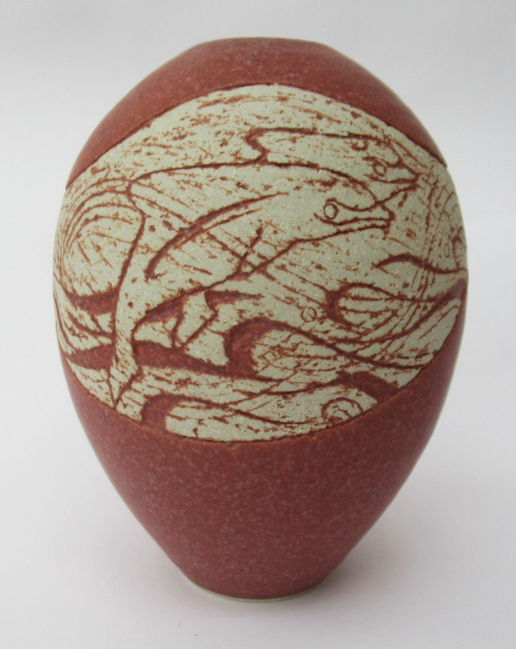 Louise Darby, British studio pottery stoneware vase, dolphin design, c2010