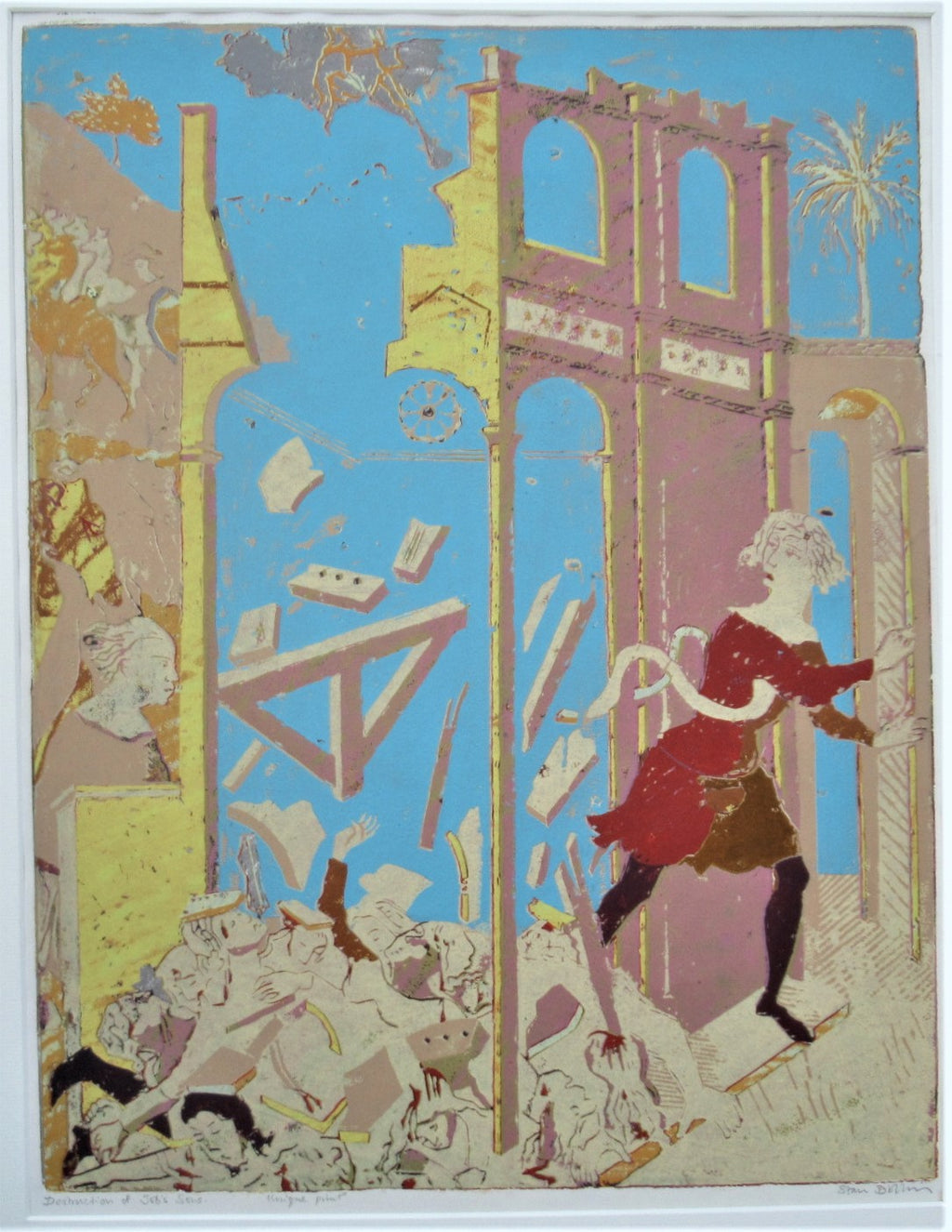Stan Dobbin unique large screenprint, The Destruction of Job's Sons c1970 signed